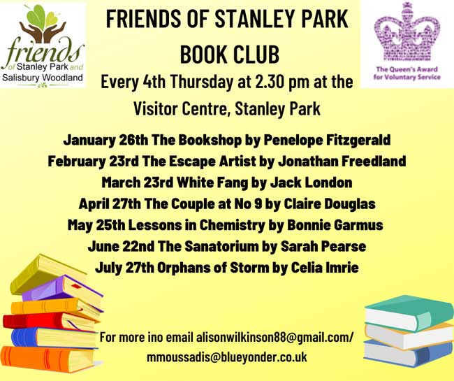 Book Club, Friends of Stanley Park Blackpool. Meetings Nov 22 to July 23.