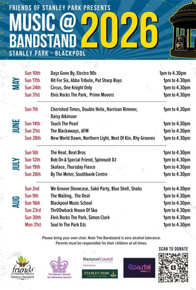 Friends of Stanley Park Blackpool Bandstan Shows Summer Sundays and 31st August Bank Holiday Monday. All welcome no entry fee but donations appreciated.